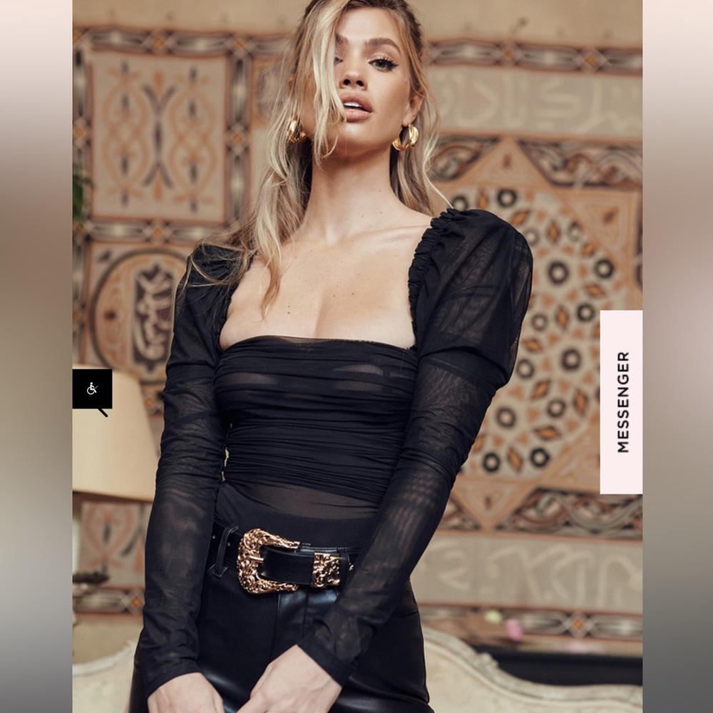 House of CB Black Ruched Chiffon Puff Sleeve Bodysuit “Emme”